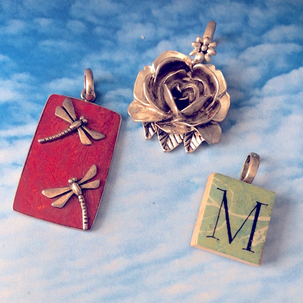 Lot of 3 Silver Dragonfly Sponge Coral Wood Pendants
